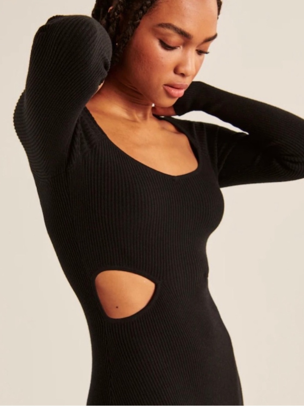 Abercrombie & Fitch Black Long-Sleeve Ribbed Tie-Front Dress
